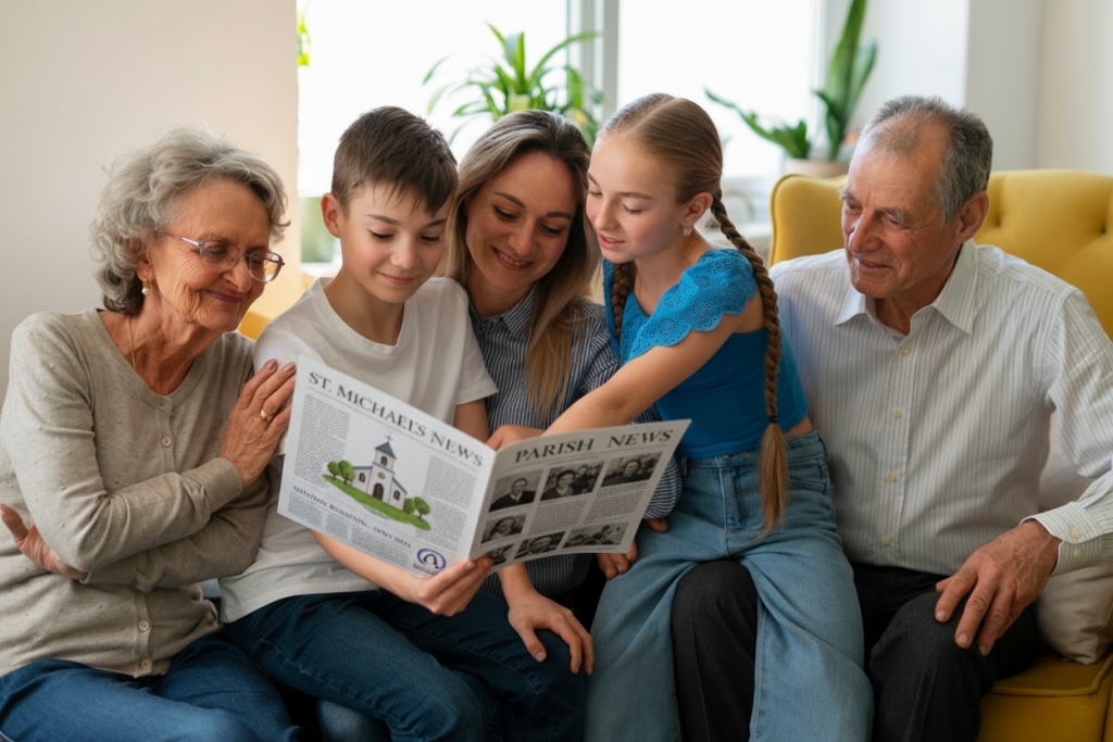 Church community members reading parish magazine together